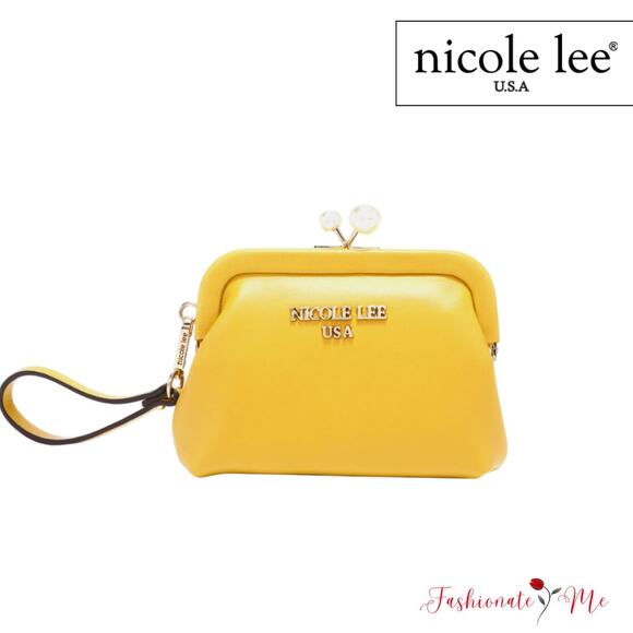 Nicole Lee USA Elsie Vegan Leather Wristlet Strap Pearl Coin Purse | Mustard - Picture 1 of 11